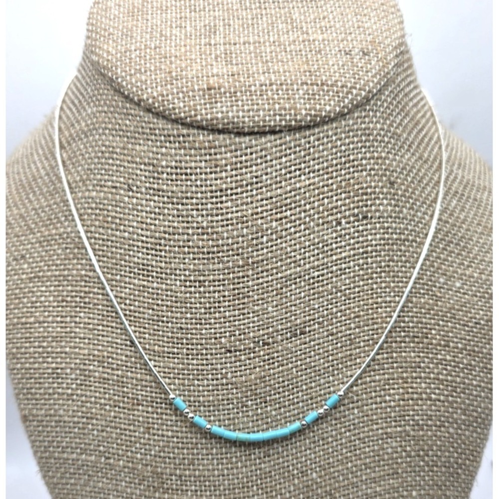 Sleeping Beauty Turquoise Heishi Beads Necklace 15.5" Long Liquid Silver 925 NEW